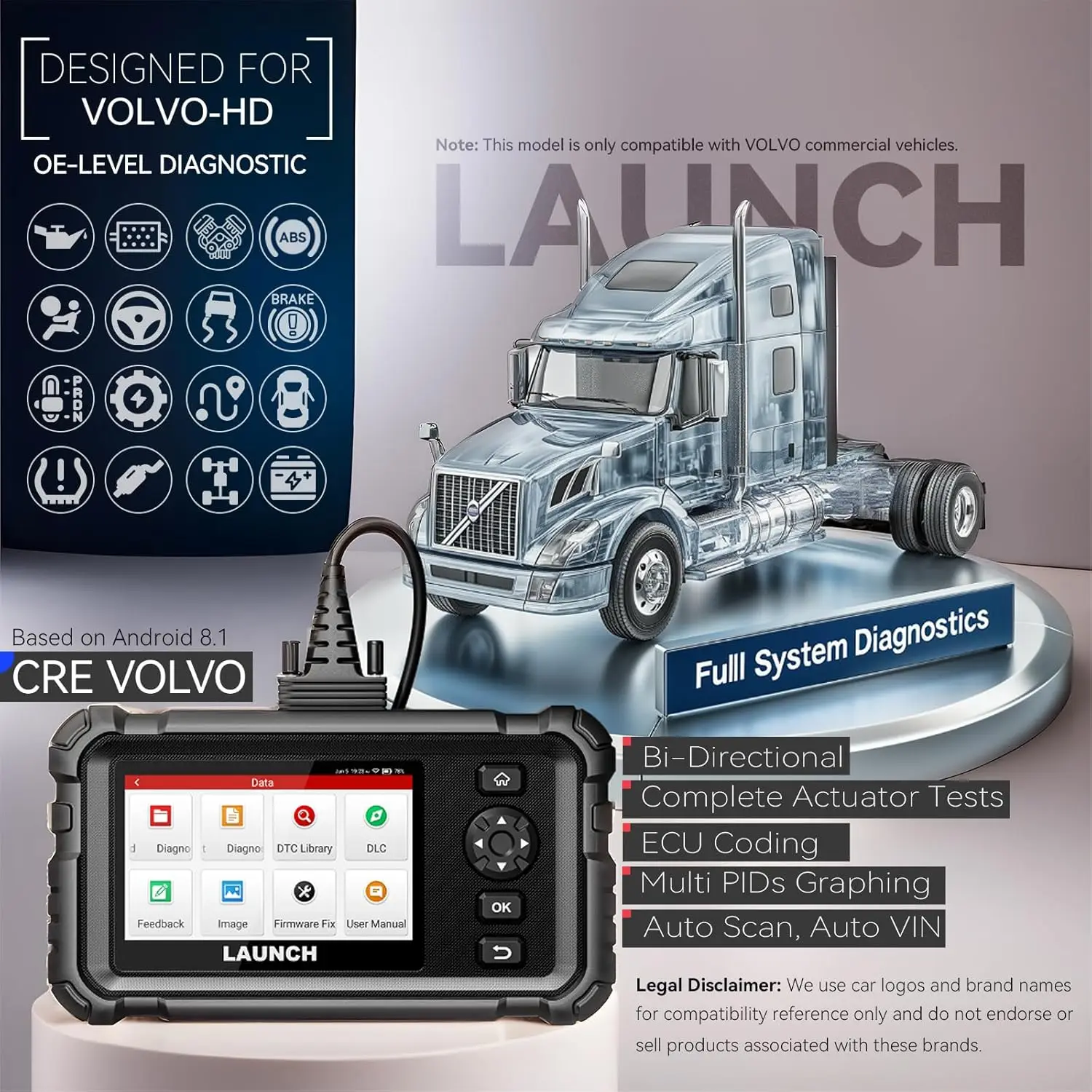 

LAUNCH HD-Volvo Полная система Сверхмощный грузовик-сканер Полудвунаправленный дизельный диагностический инструмент Creader Elite HD с регеном DPF