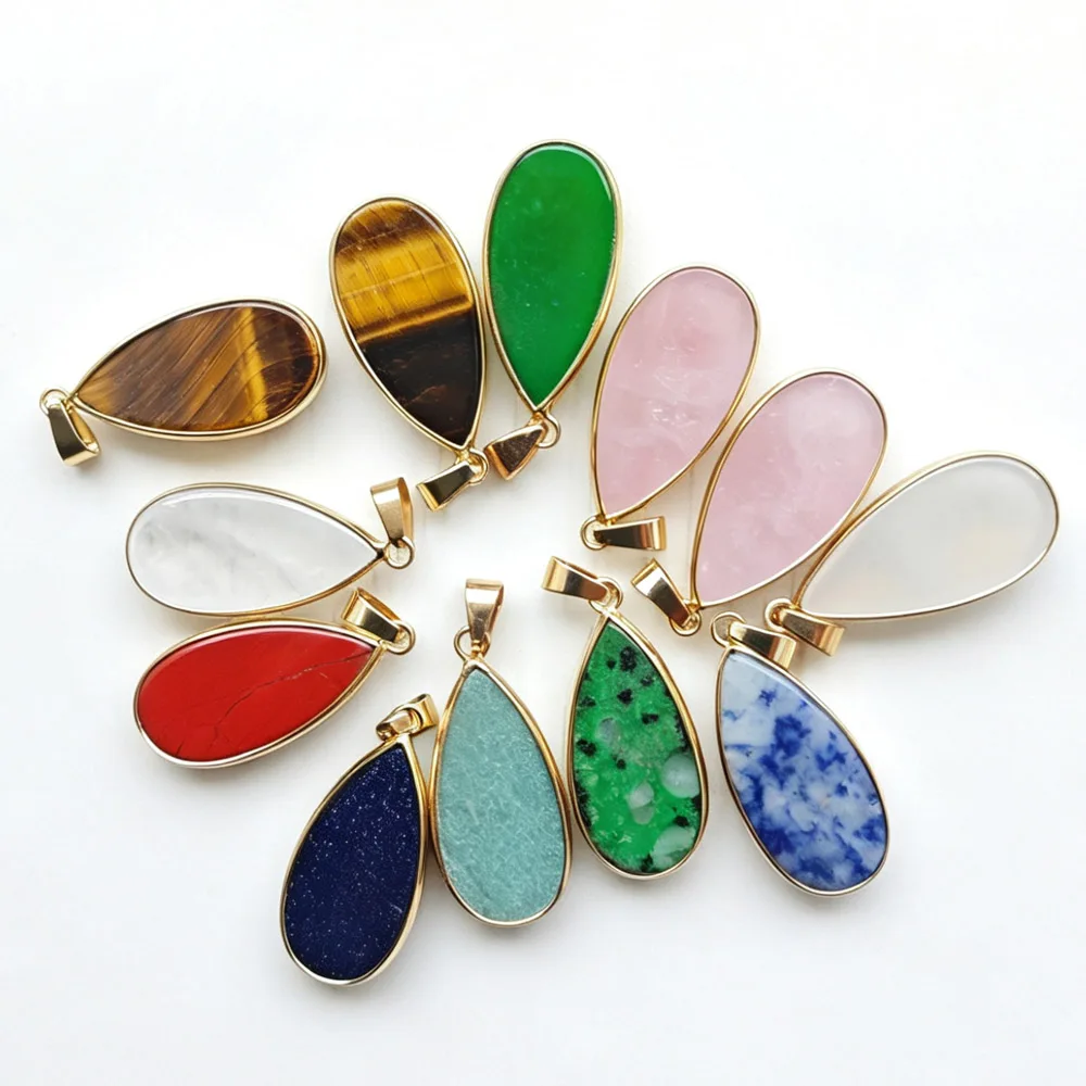 12pcs Fashion Mix Natural Stone Gold Color side water drop pendants 15x30mm for Necklaces jewelry making Wholesale Free shipping