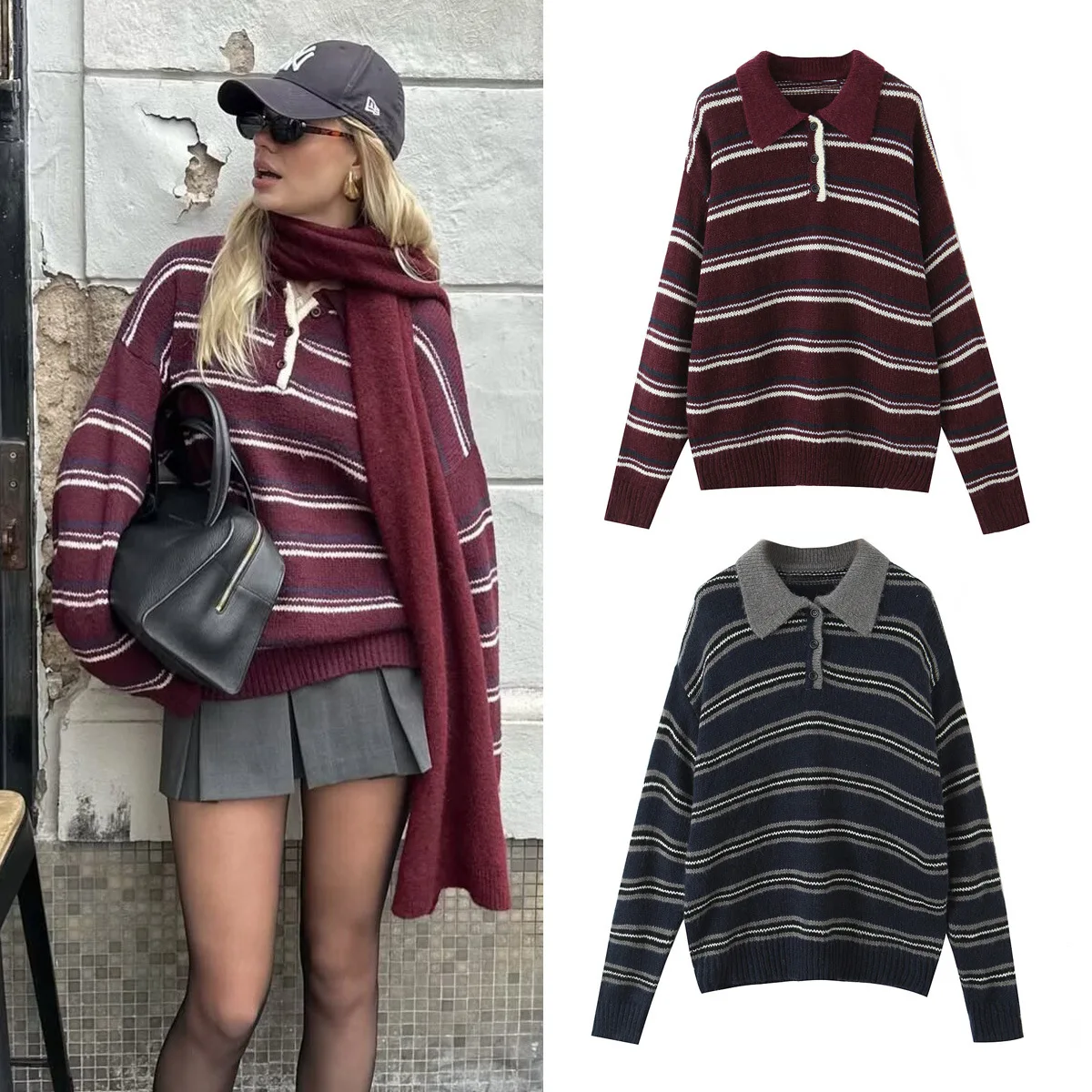 

Y2K женские свитера оверсайз с длинным рукавом в полоску с принтом, воротник-поло, свободные пуловеры, женский базовый полосатый свитер с принтом