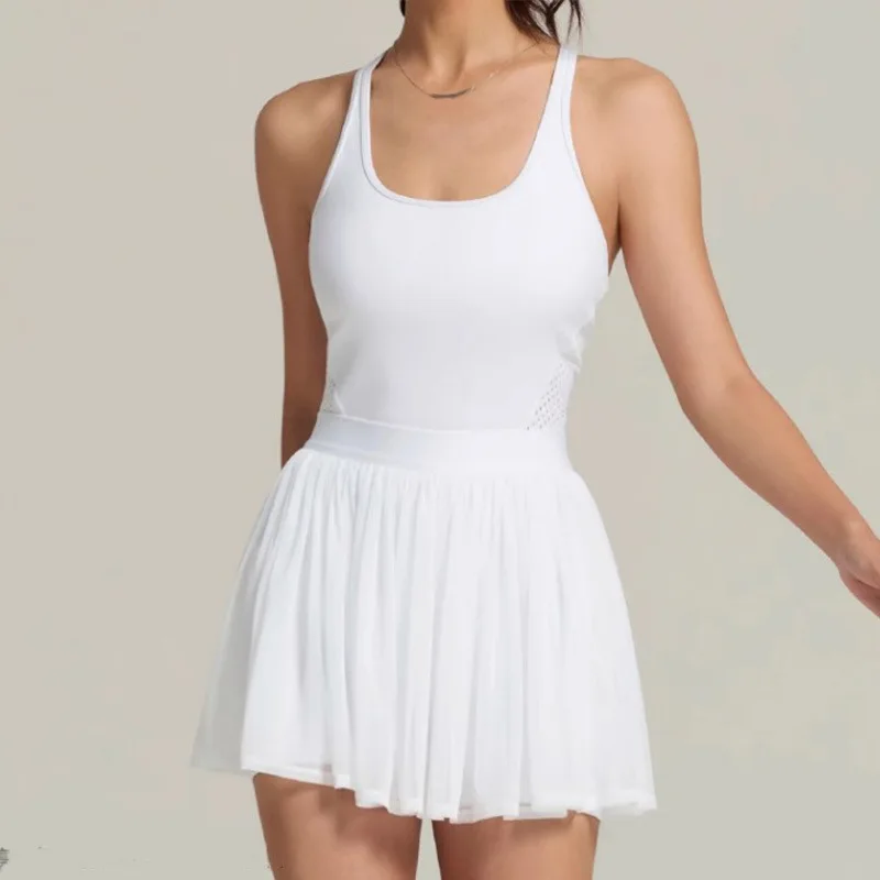 New Style Goblet Tennis Sports Skirt for Women Mesh Breathable Fake Two-Piece, Anti-See-Through One-Piece Fitness Dress