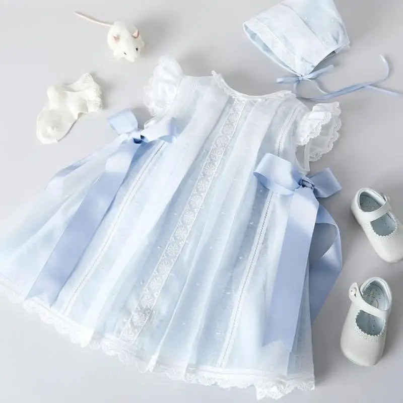 2024 Autumn Baby Girl Baptism Dresses Kids Spanish Lace Bow Dress Children Luxury Birthday Clothing Girls Boutique Clothes