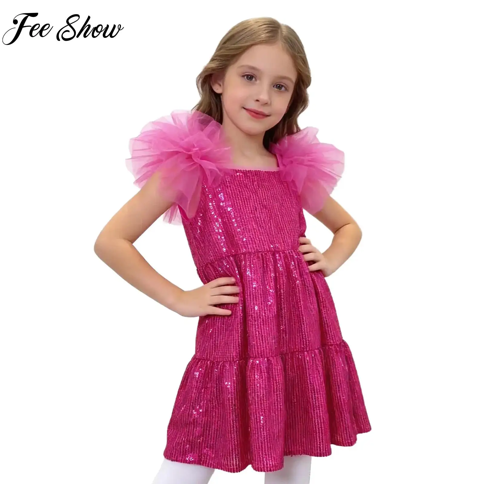 

Kids Girls Pageant Birthday Party Dress Ruffled Sleeves Tiered Ruffle Sparkling Sequins Dress for Ballet Dance Stage Performance