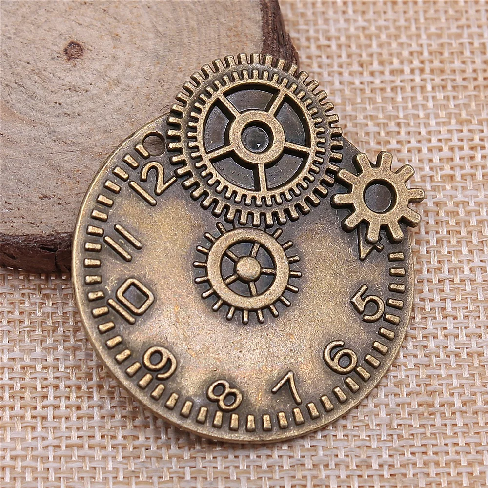 WYSIWYG 1pcs 45x42mm Vintage Charm For Jewelry Making Antique Bronze Steampunk Gear Clock Pendants Charm Gear Clock Steampunk