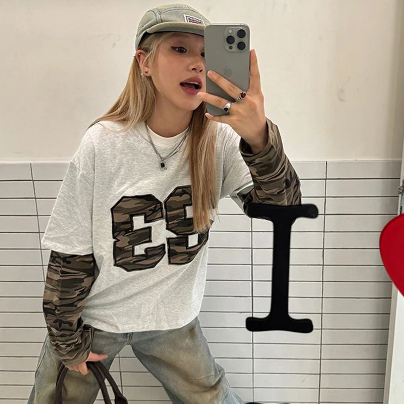 アメリカンヴィンテージ迷彩プリントTシャツ レディース パッチワーク Oネック 長袖 ストリートTシャツ 原宿 Y2K ルーズ カジュアルトップ