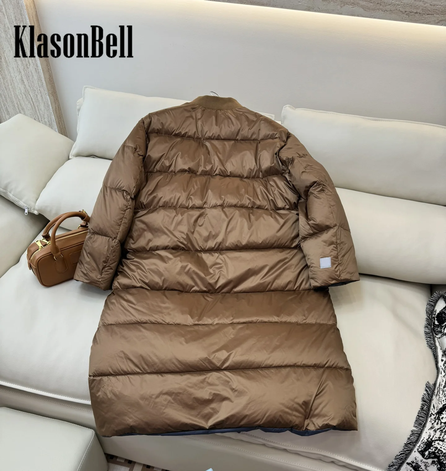 9.5 KlasonBell Women New Solid Loose Long White Goose Down Outerwear Revrsible Wear Double Zipper Keep Warm Lingth Down Jacket