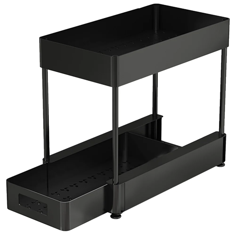 

Under Sink ganizer Rack Kitchen Bathroom Storage Black Pull Out Design Double Layer Plastic Carbon Steel Structure