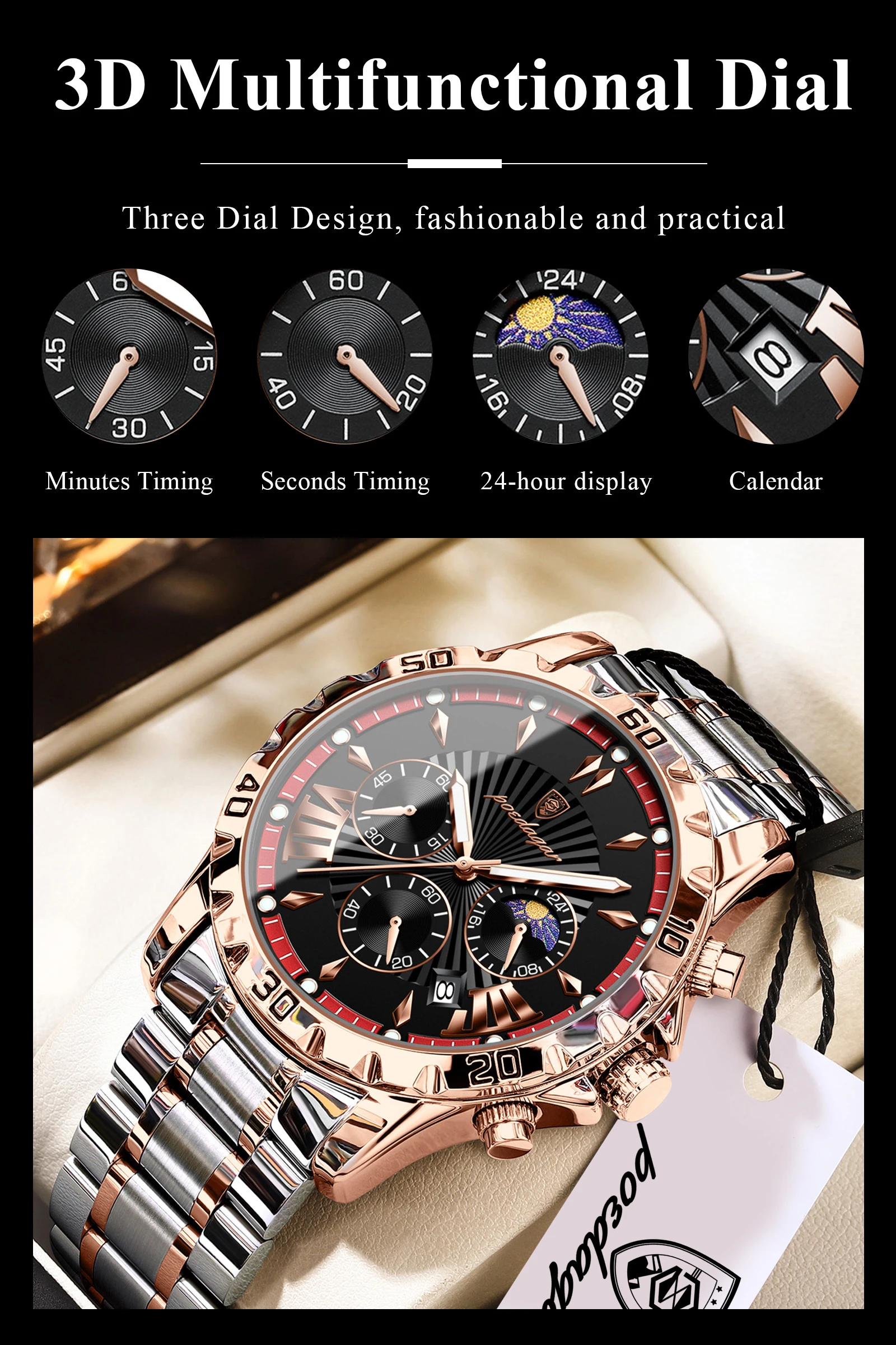 POEDAGAR Top-Luxus-Herrenuhr, Leuchtend, Wasserdicht, Edelstahl, Quarz, Chronograph, Datum, Militäruhr für Herren – Detail 8