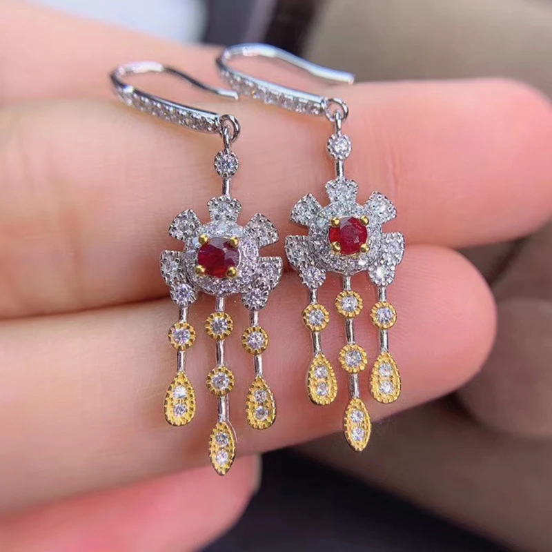 

MeiBaPJ Natural Pigeon Blood Ruby Gemstone Tassels Drop Earrings Real 925 Silver Earrings Fine Charm Jewelry for Women