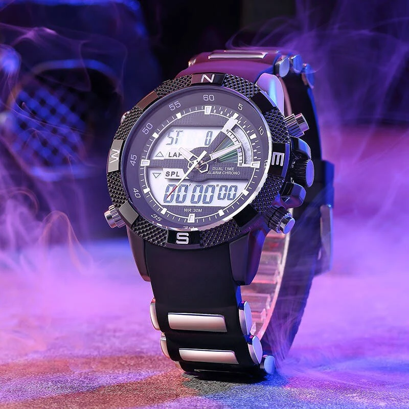 Men Dual Time Analog Digital Watch Sports Chronograph Alarm Stopwatch Silicone Strap Military Calendar Wristwatch For Teen Boys