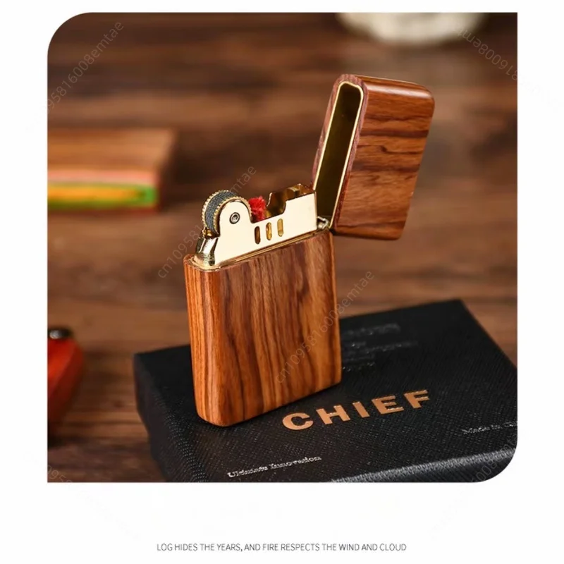 CHIEF solid wood classic flip ultra-thin fuel lighter, high-end wood lighter, cigarette accessories, men's gift