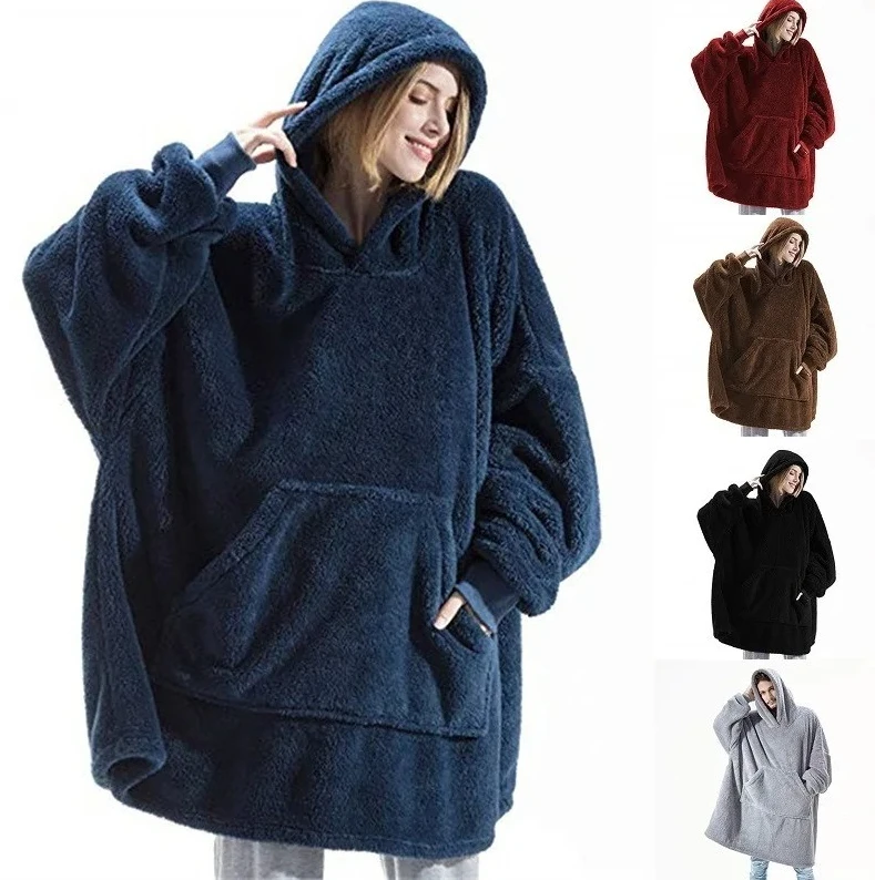 

Women's Winter Thick Double Fleece Hooded Jacket, Unisex Long Pullover with Pockets, Soft Warm Elegant Home Wear Hoodie