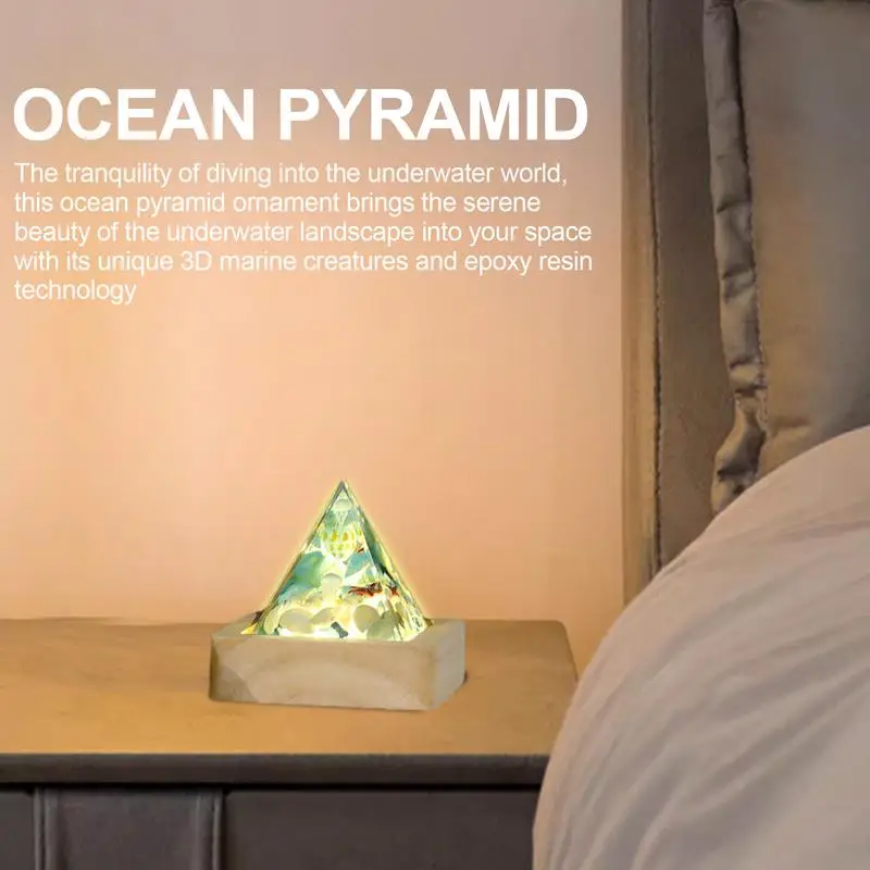 Pyramid Crystal Ornament LED Wood Display Base Resin Pyramid Art Illuminated Pyramid Lamp Holder Sea Theme Inspirational Night