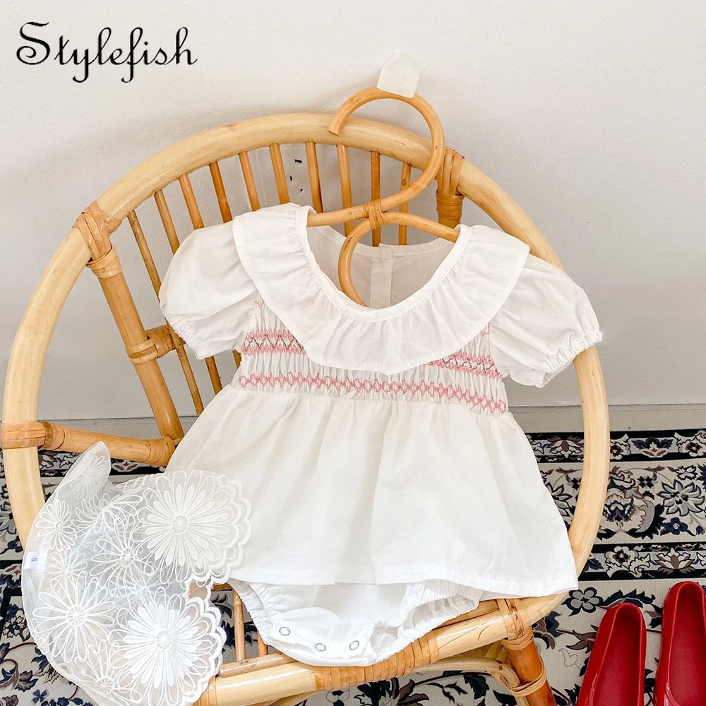 Ins summer new baby triangle romper jumpsuit one-piece dress baby girl pleated ruffle collar short-sleeved cotton dress