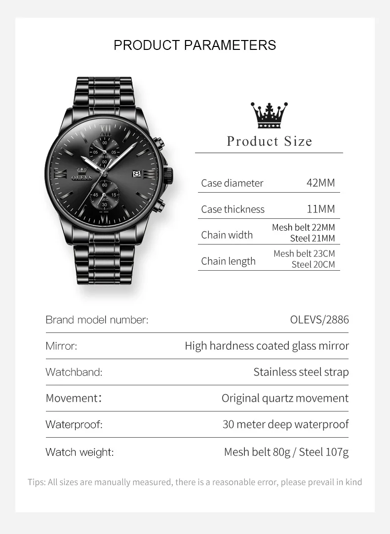 OLEVS Men\'s Quartz Watch Luxury Black Stainless steel Date Luminous Waterproof Business Watch Quartz Watch for Men Watch Quartz