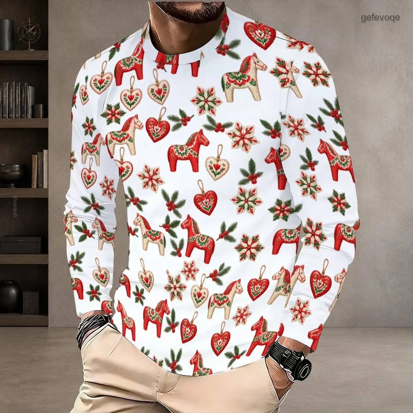 Men Round Neck Long Sleeve T-Shirt White Printed Dala Horse Heart Snowflake Holly Folk Pattern
