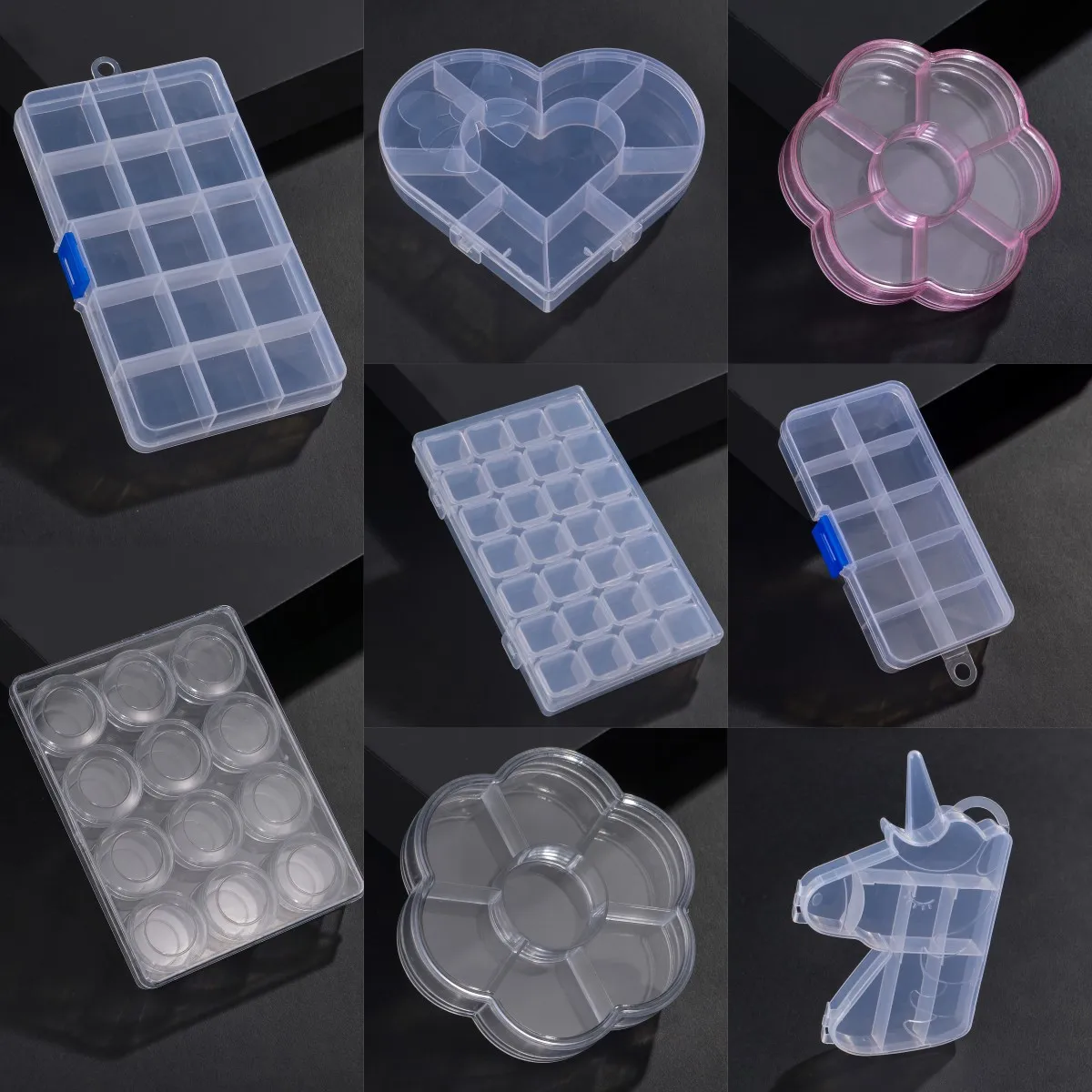 

Grids Plastic Storage Jewelry Box Compartment Container for Beads Earring Box for Jewelry Heart Flower Rectangle Case Wholesale