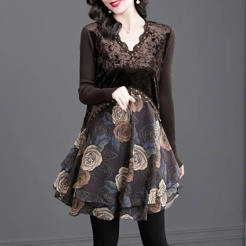 Vintage Printed Spliced Beading Fake Two Pieces Mini Dress Women\'s Clothing 2023 Autumn Winter Loose Office Lady Ladies Dresses
