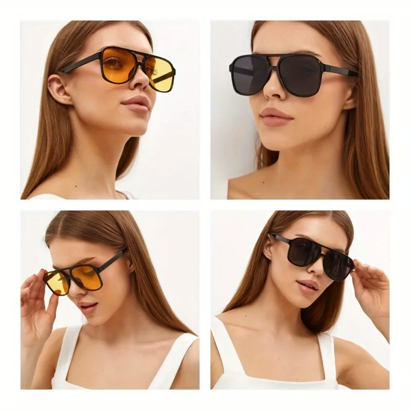 1Pc Double‑Bridge Retro Aviator Sunglasses, Unisex Trendy Pilot‑Style Eyewear