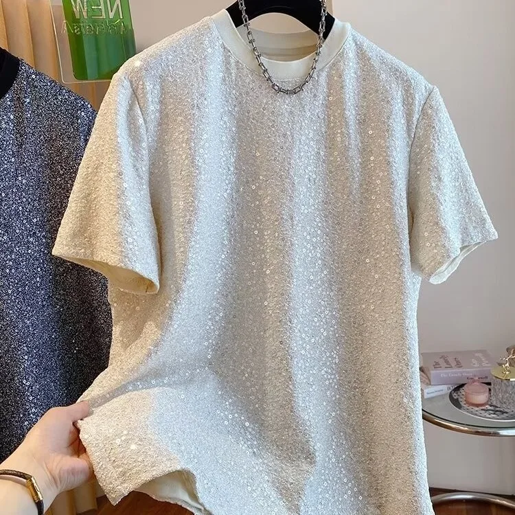 Sequin T-shirt Men's Chic Shirt Shiny Short Sleeve Shirt O Neck Loose Tee Pullover Men's Party