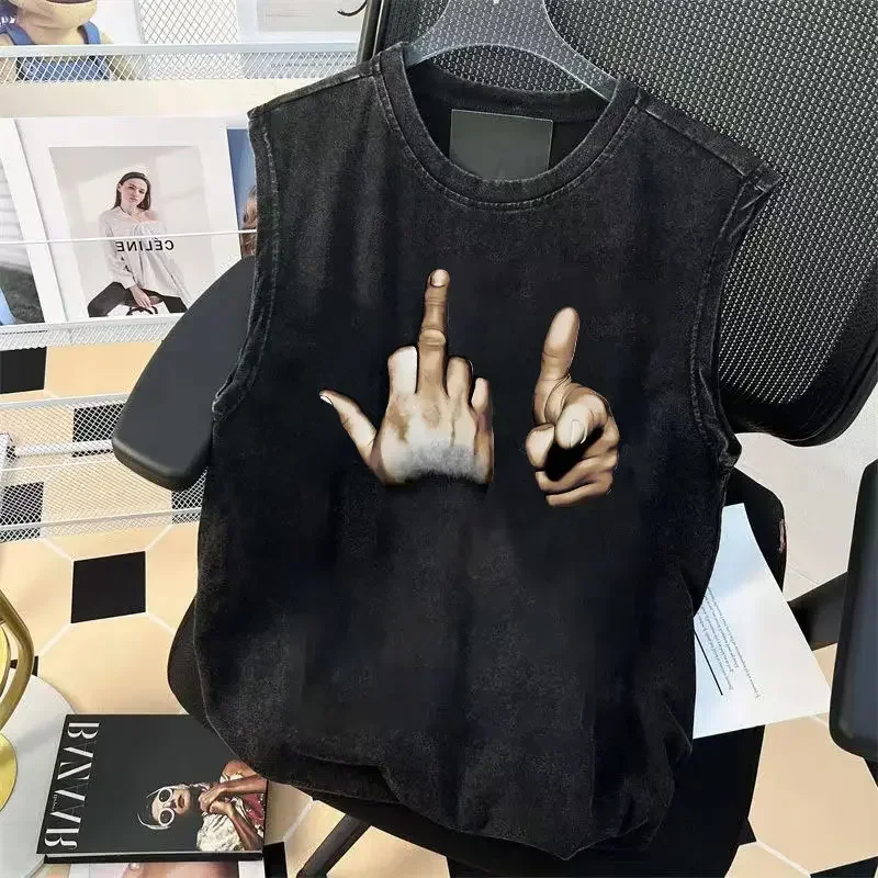 

American High Street Fashion Loose Cotton Vest Men Women Sleeveless T-shirts Washed To Make Old Ins Personalized Trendy Wild Top