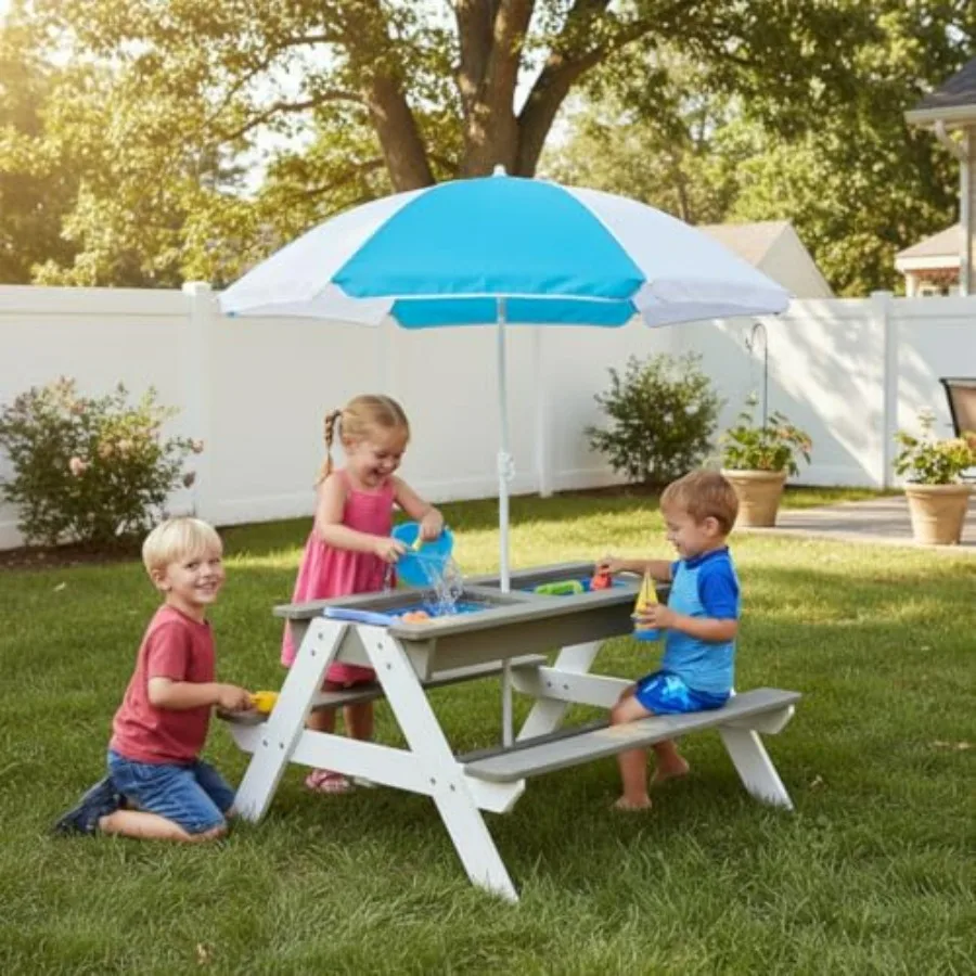 Outdoor kids picnic table, 3-in-1 wooden sand and water activity table with 2 removable boxes umbrella, natural wood finish, du