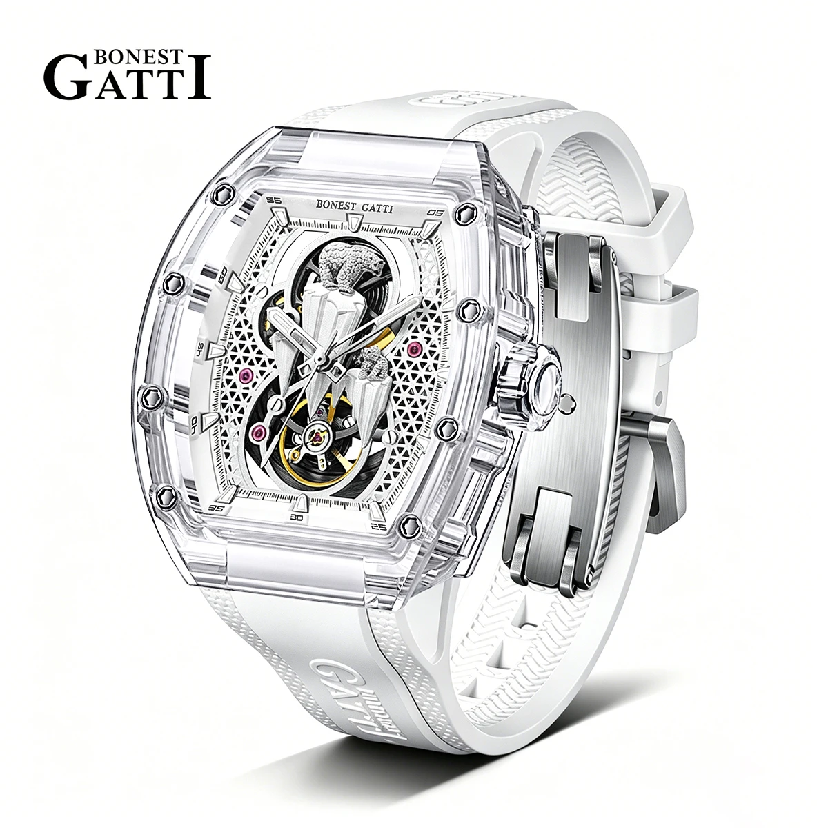 

BONEST GATTI Men's Luxury Watches Polar Bear Dial Barrel Shaped Skeleton Transparent Crystal Case Automatic Mechanical Watch