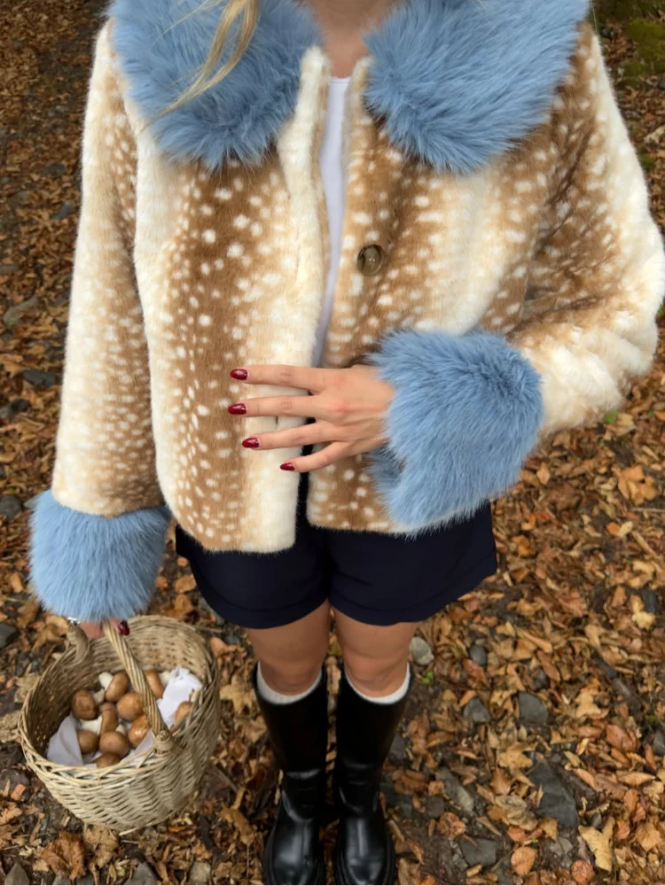 Deer Print Faux Fur Cropped Jacket Women Blue Contrast Lapel Cuff Button Up Fluffy Warm Coat Winter Casual Street Outwear 2026
