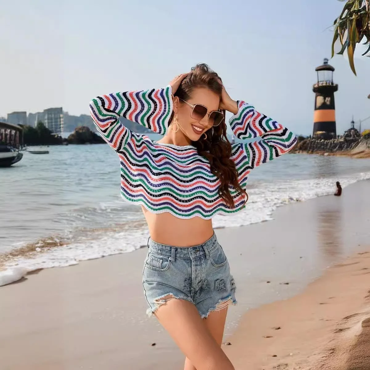 

Spring Summer 2024 round Ne Striped Bikini Cover up Patchwork Alternate Color Cross Border New Sle Men's Faion Set