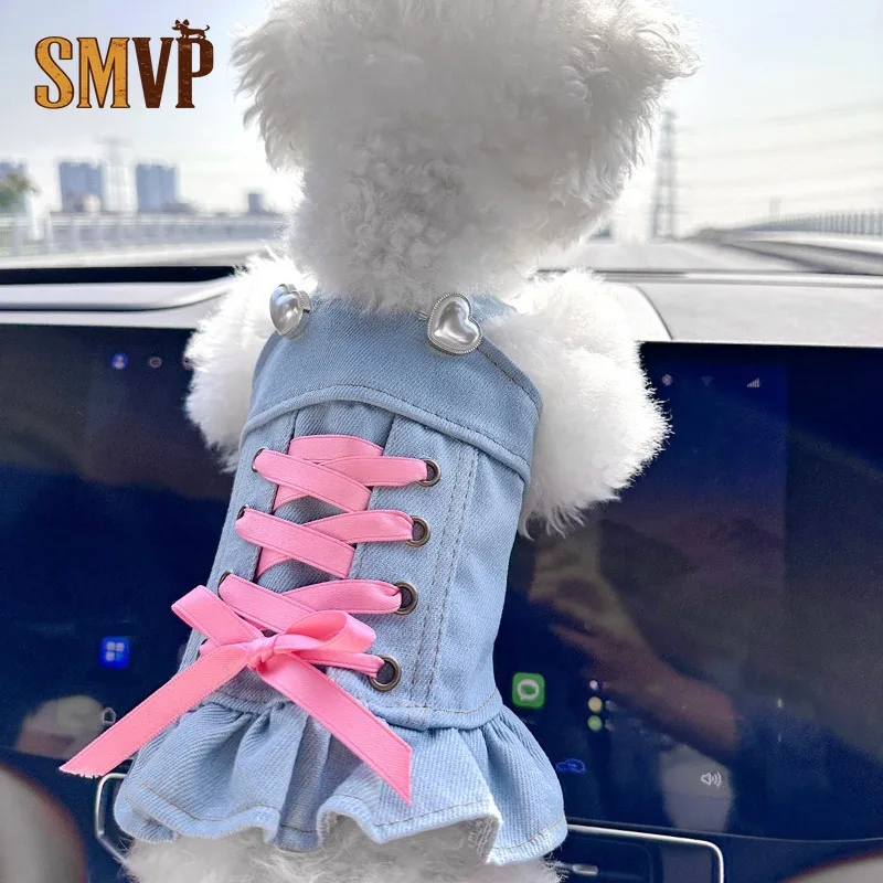 

Spring Summer Denim Pink Strap on Dress Sweet Cool Style Spice Girl Pack with Traction Buckle Small Medium Pet Dog Clothes