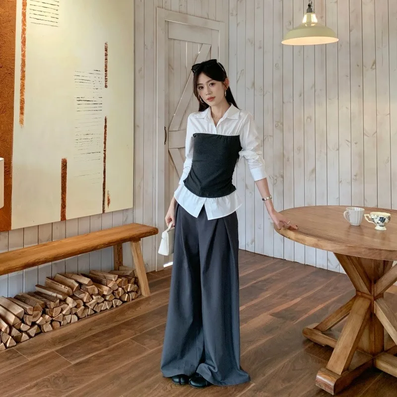 Sli V-Ne Long Sve irt المرأة لون بسيط Blo وهمية قطعتين الخريف تنوعا شخصية قمة العصرية لباس غير رسمي #5