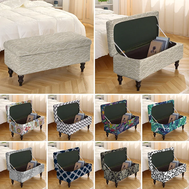 Printed Ottoman Footstool Cover Stretch Piano Storage Stool Covers Rectangle Non-Slip Bedside Footrest Slipcover Housse Pouf