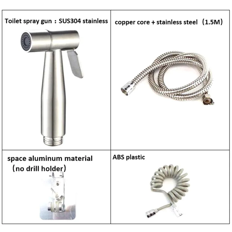 Stainless Steel bidet sprayer set kit for Toilet metal Hand Bathroom shower head Handheld no drill wall holder self cleaning