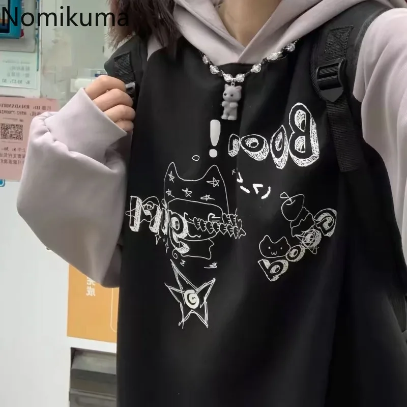 Streetwear Women Hoodies Cute Y2k Tops 2024 Ropa Mujer Cat Print Anime Hooded Sweatshirts Casual Chic Japanese Oversized Hoodie