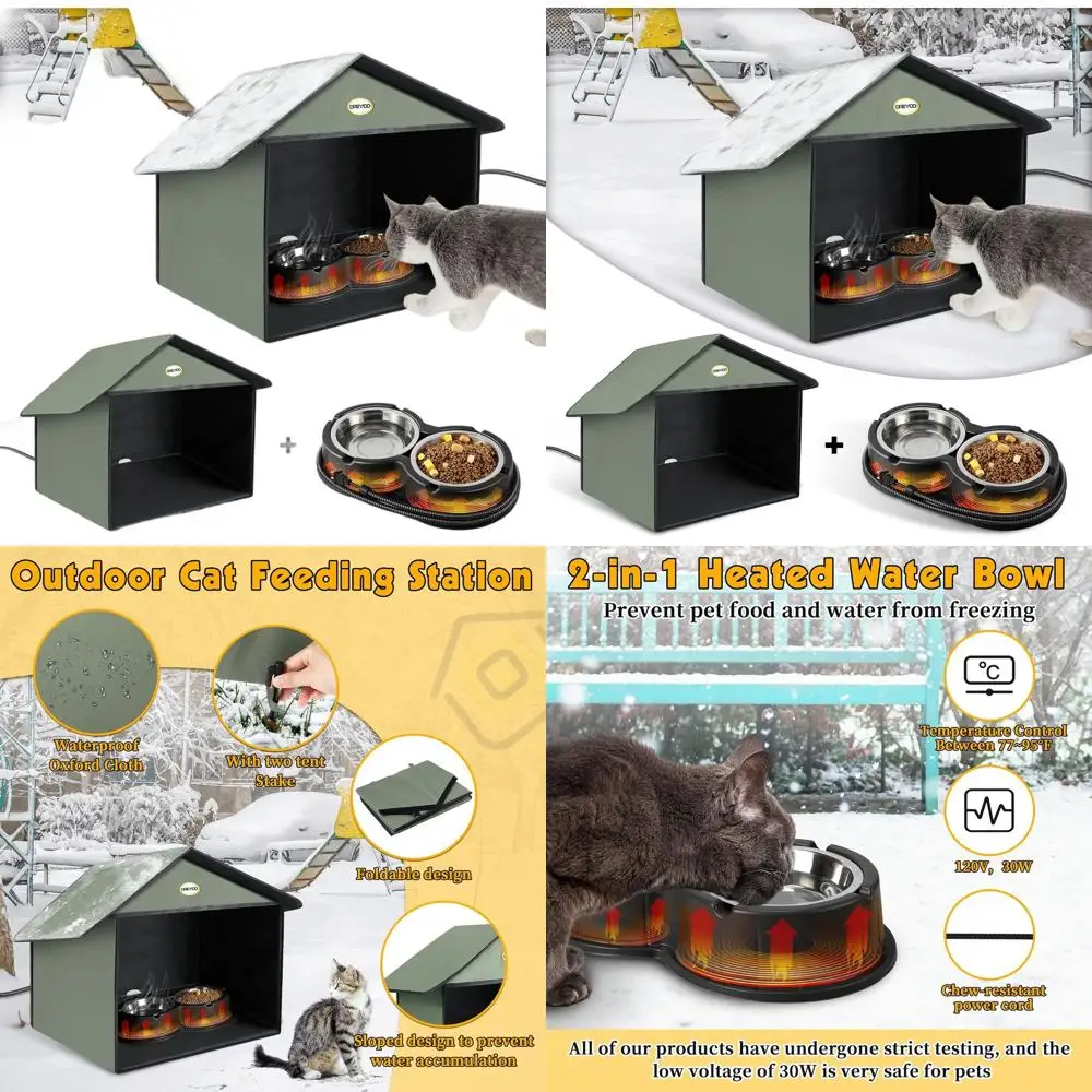 

Уличная кормушка для кошек с подогревом, всепогодное укрытие для кормления бездомных кошек с мисками для еды и воды (черная)