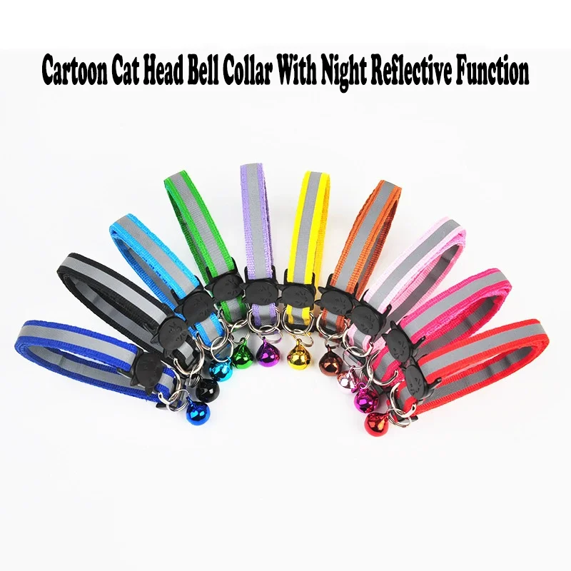 

Светоотражающий ошейник для кошек с колокольчиком, с мультяшным рисунком кошачьей головы, с безопасной застежкой, нейлоновый ошейник для домашних животных, для щенков и котят, для ежедневных прогулок в ночное время