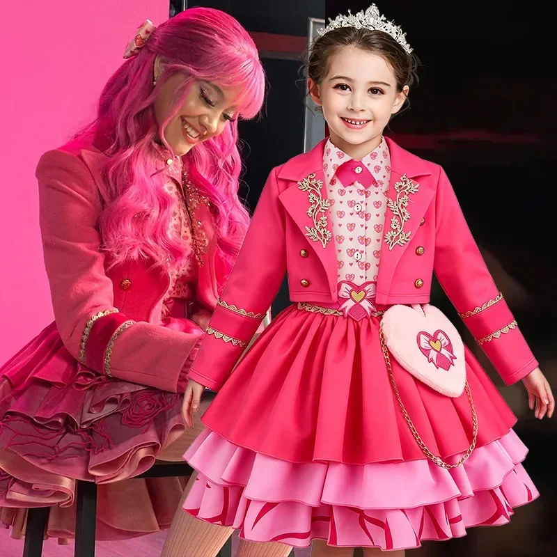2026 Disfraz de Halloween para Niñas Descendants Bridget, Conjunto Completo de Princesa Corazón Rosa, Vestido con Abrigo Corto, Disfraz para Fiesta Infantil