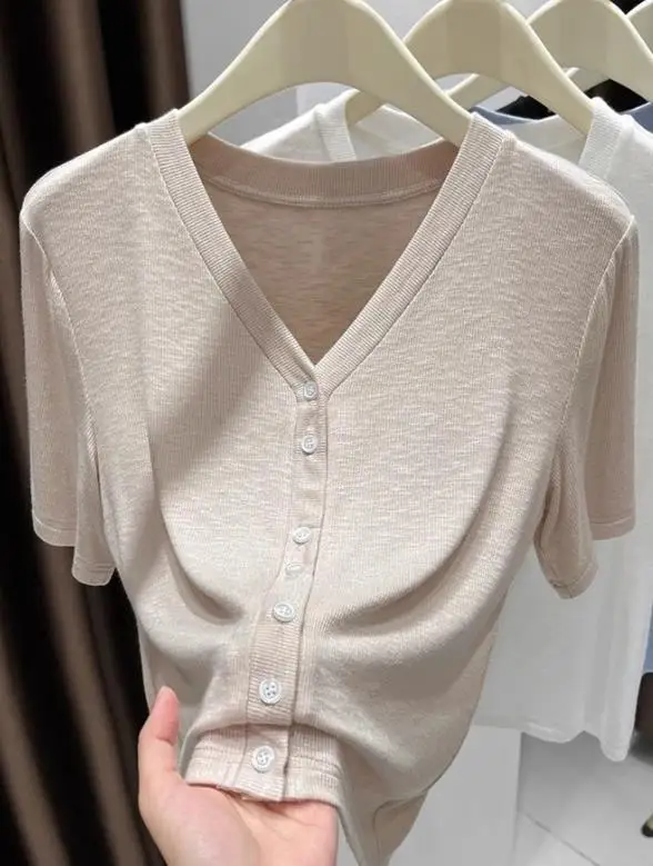 

Summer Classic Intellectual Elegant Temperament Casual Solid Color Simple Button Front Slim Fit V-Neck Versatile Short Jacket