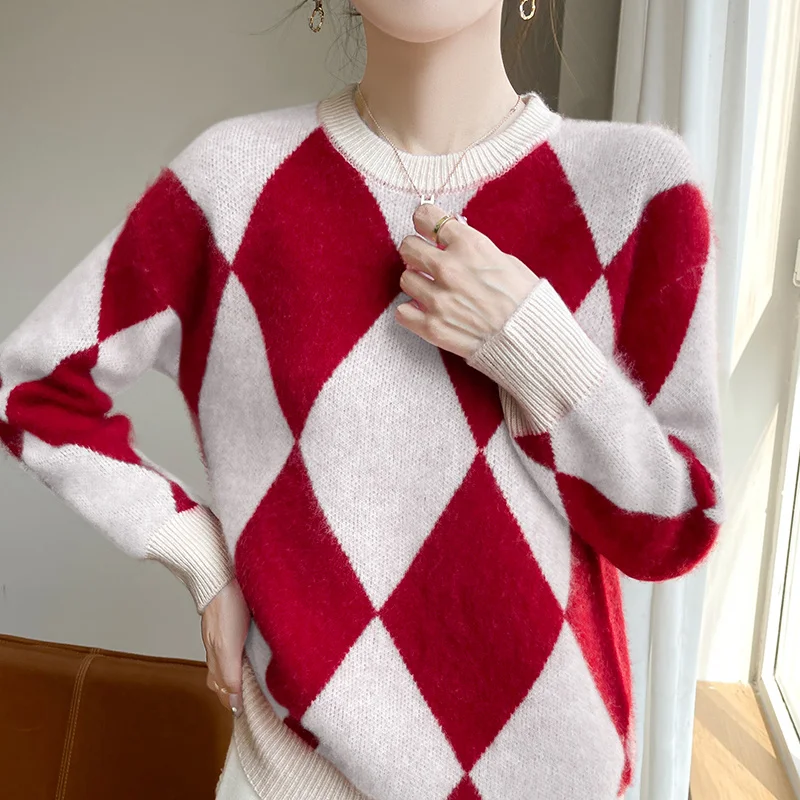 Женский вязаный свитер из 100% чистой шерсти с цветными блоками и бриллиантами, свитер с цветными блоками, свитер с круглым вырезом, осень-зима, новая базовая рубашка