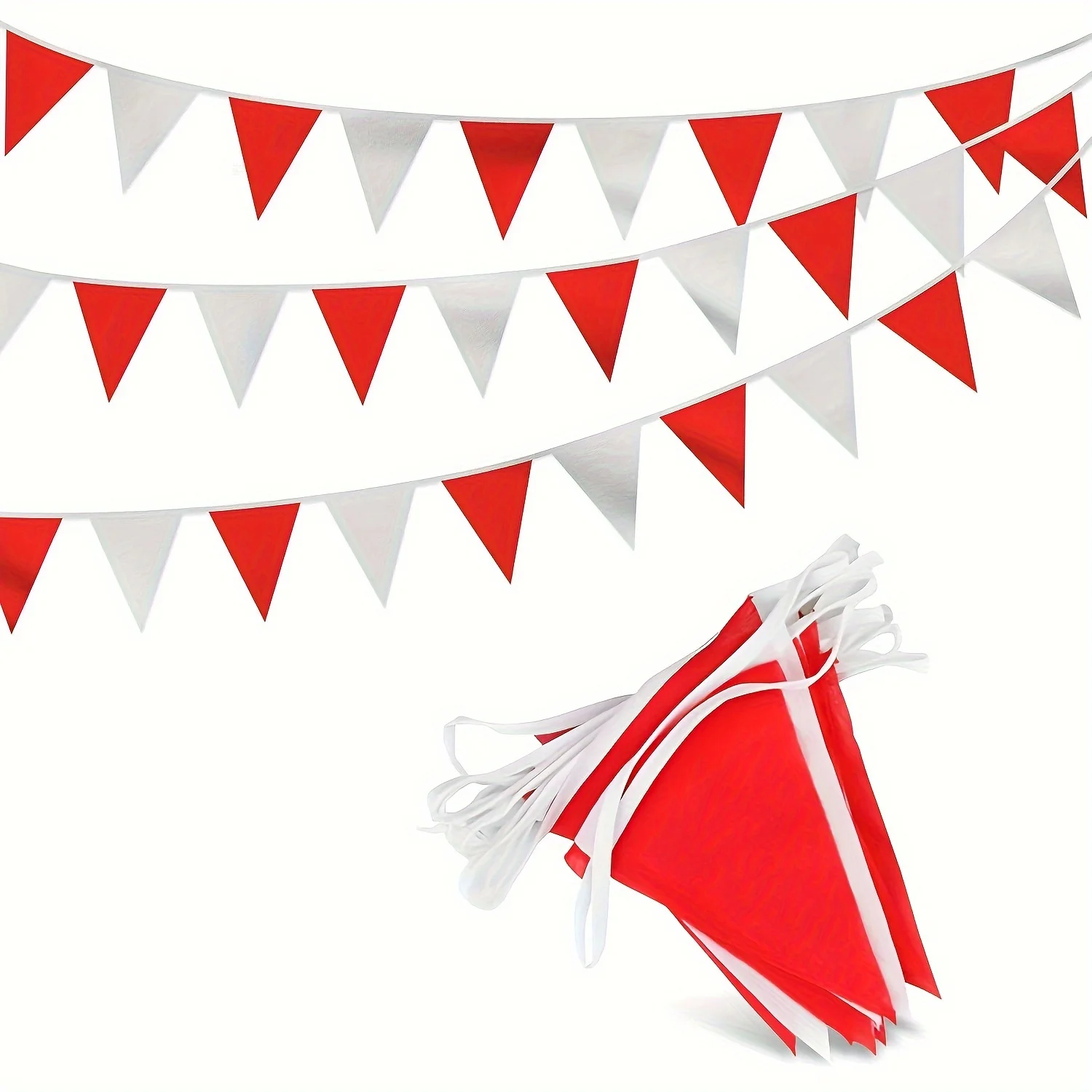 1PC，Red and White Triangle Pennant Banner -Plastic Bunting Flags for Weddings, Birthday Parties, and Garden Celebrations