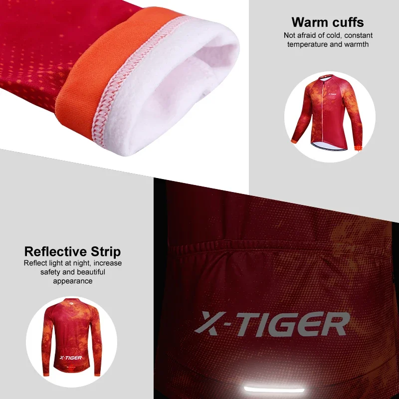 X-TIGER Men\'s Cycling Jersey Red Winter Thermal Long Sleeve Cycling Shirt with 4 Rear Pockets Fleece Bicycle Clothes Jeresy