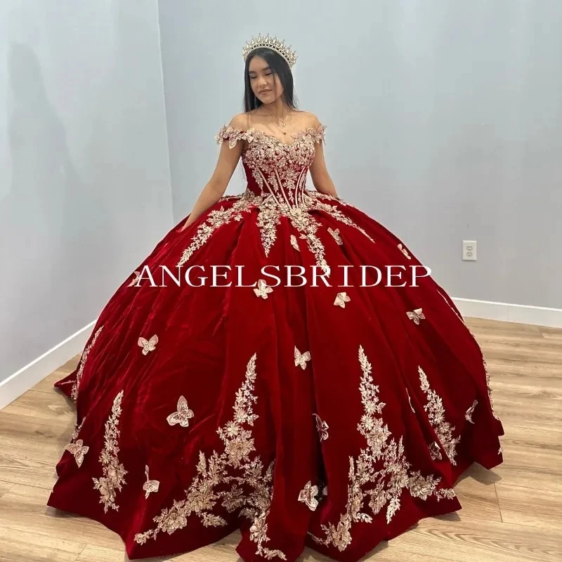 Angelsbridep-Vestido de baile Borgonha com Apliques, Vestidos Quinceanera, Princesa Formal, Vestidos de Festa de 15 Anos