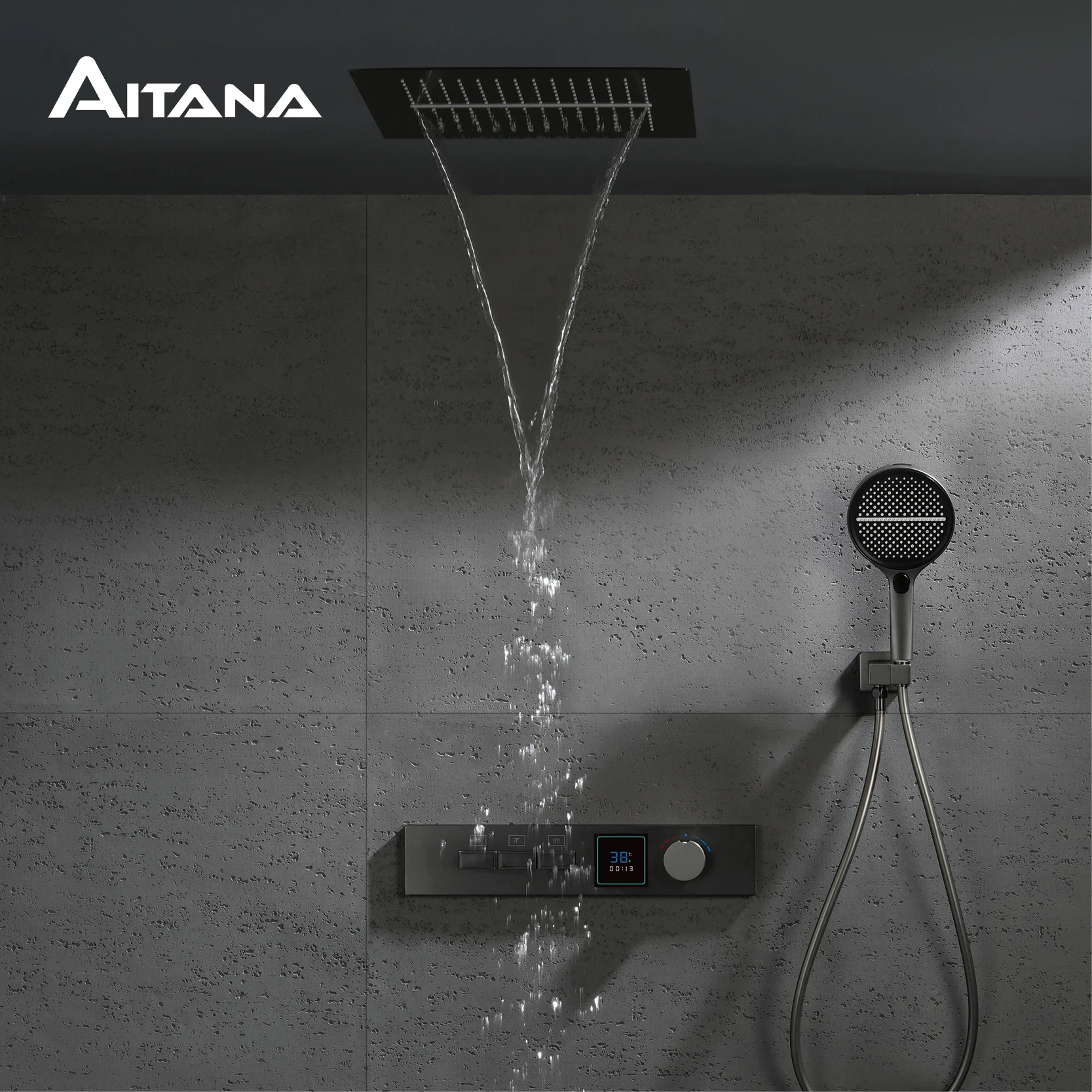 Luxury gun gray brass shower system with LED digital display design Wall mounted constant temperature 3-function bathroom faucet