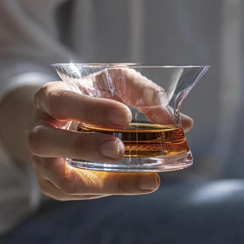 Nordic Style Top Design Spin Whiskey Glass Crystal Whisky Neat Cup Liquor Wine Bowl Slim Waist Brandy Snifter Wooden Gift Box