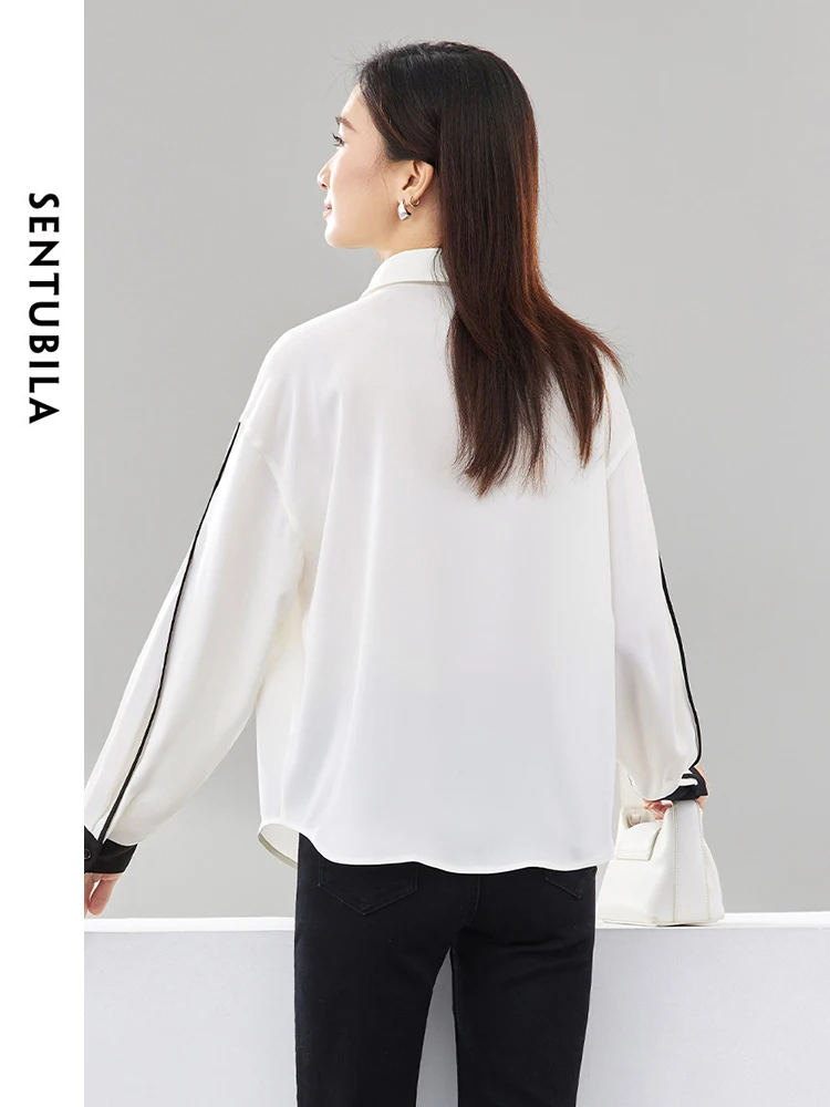 SENTUBILA Contrast Patchwork White Shirt Woman 2024 Spring Autumn Loose V Neck Button Up Drop Long Sleeve Women Tops 141C52580