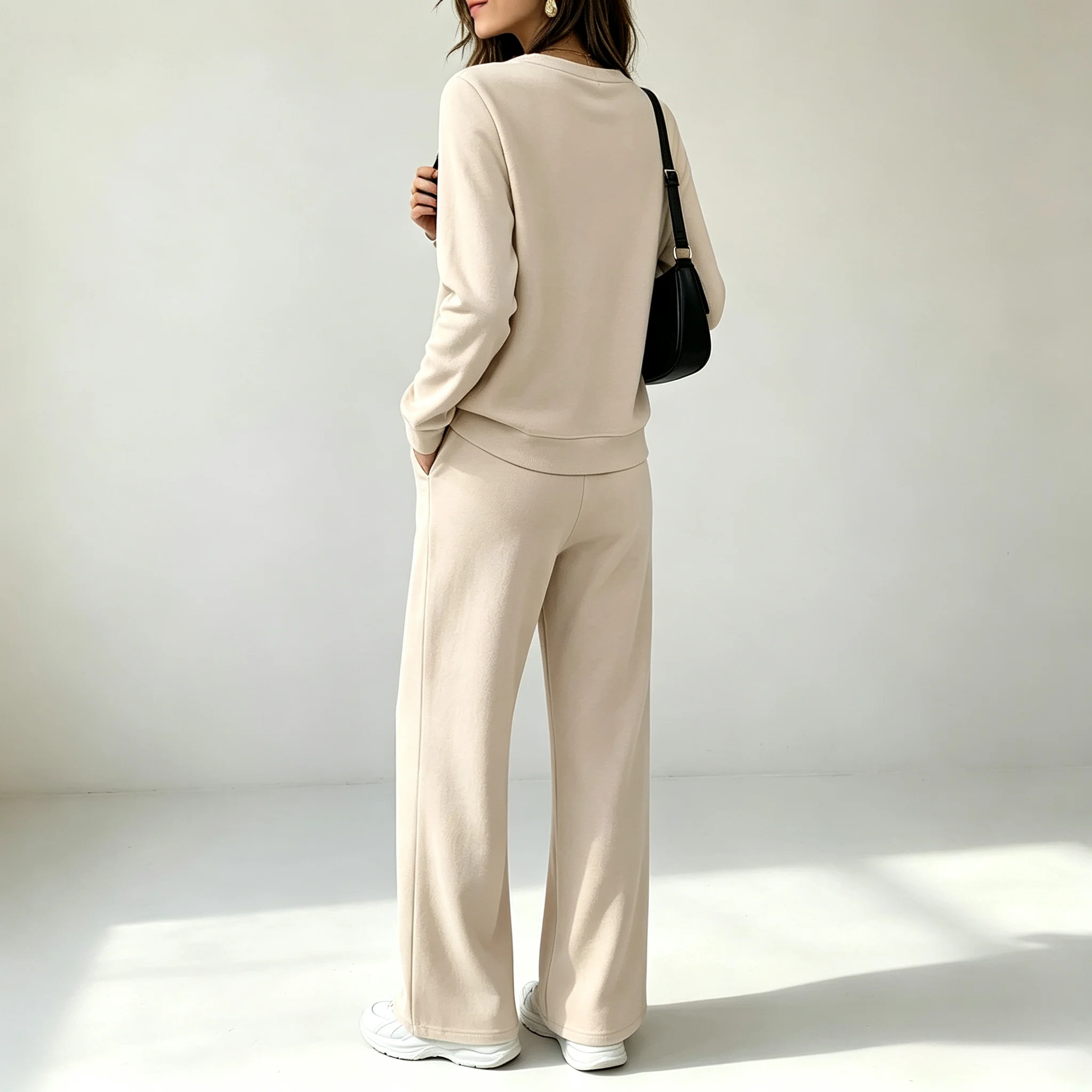 New Women's Casual Suit with Pleated Design on the Chest, Navy Collar Top, High-Waisted Drapey Wide-Leg Pants Two-Piece Set
