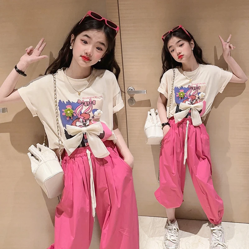 

summer pink girls clothes sets cotton cartoon t-shirt Leisure sports pants 10 12 14 2pcs kids suit childer outfits enfant fille