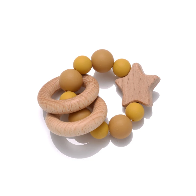 Baby Wooden Teether Bracelets Beech Wood Pentagram Crafts Ring Baby Silicone Beads Rattles Teething Ring Infant Nursing Toy