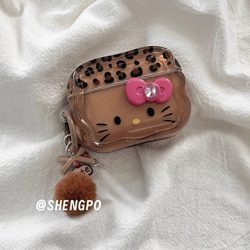 Hallo Kitty, süße Kopfhörertasche, Anime, Sanrio, Kawaii, Geschenk, braunes Leopardenmuster, geeignet für kabellose Bluetooth-Geräte, Dekoration, Geschenk für Mädchen.