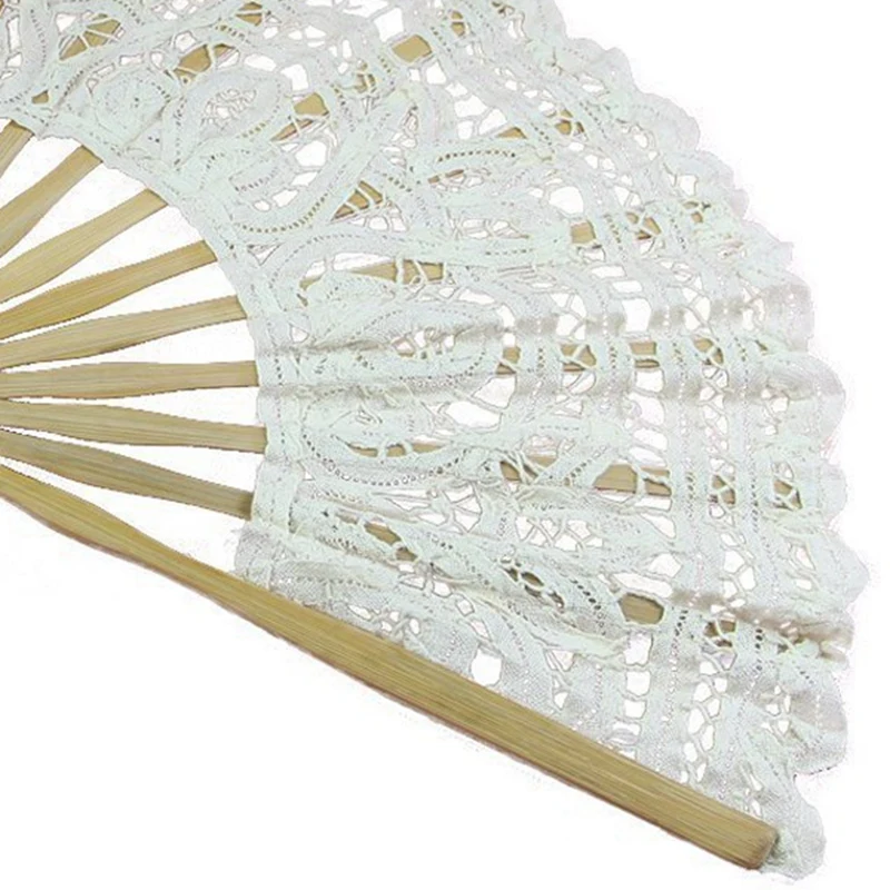 2X Handmade Cotton Lace Folding Hand Fan For Party Bridal Wedding Decoration ( Beige)