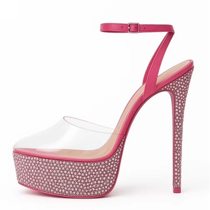 

Clear PVC Transparent Ankle Strap Pumps Pointed Toe Crystal Platform Stiletto High Heels Banquet Dress Shoes Red Black Silver